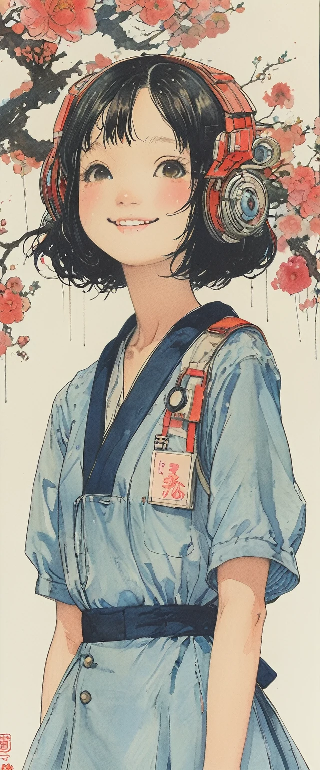 style of Kawanabe Kyosai, Asian、high school girl、Bobcut、Nurse uniform、Floral Background、smile、Upper Body、Blushing cheeks、Face close-up