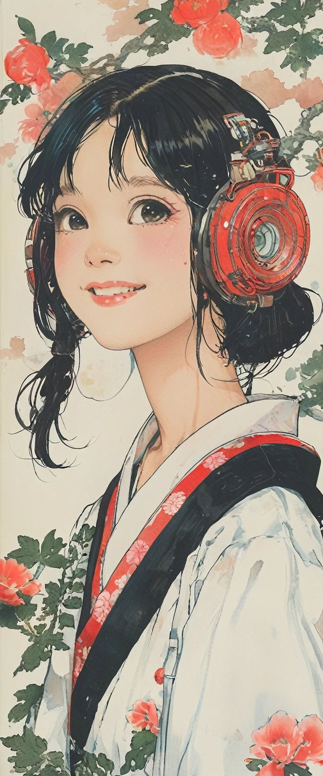style of Kawanabe Kyosai, Asian、high school girl、Bobcut、Nurse uniform、Floral Background、smile、Upper Body、Blushing cheeks、Face close-up