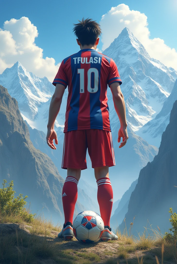 Tsubasa is in the turkey mounth and he is pick a ball from down and he is . He was dressed a 10 number football kit he turned back an more big he is name Tsubasa