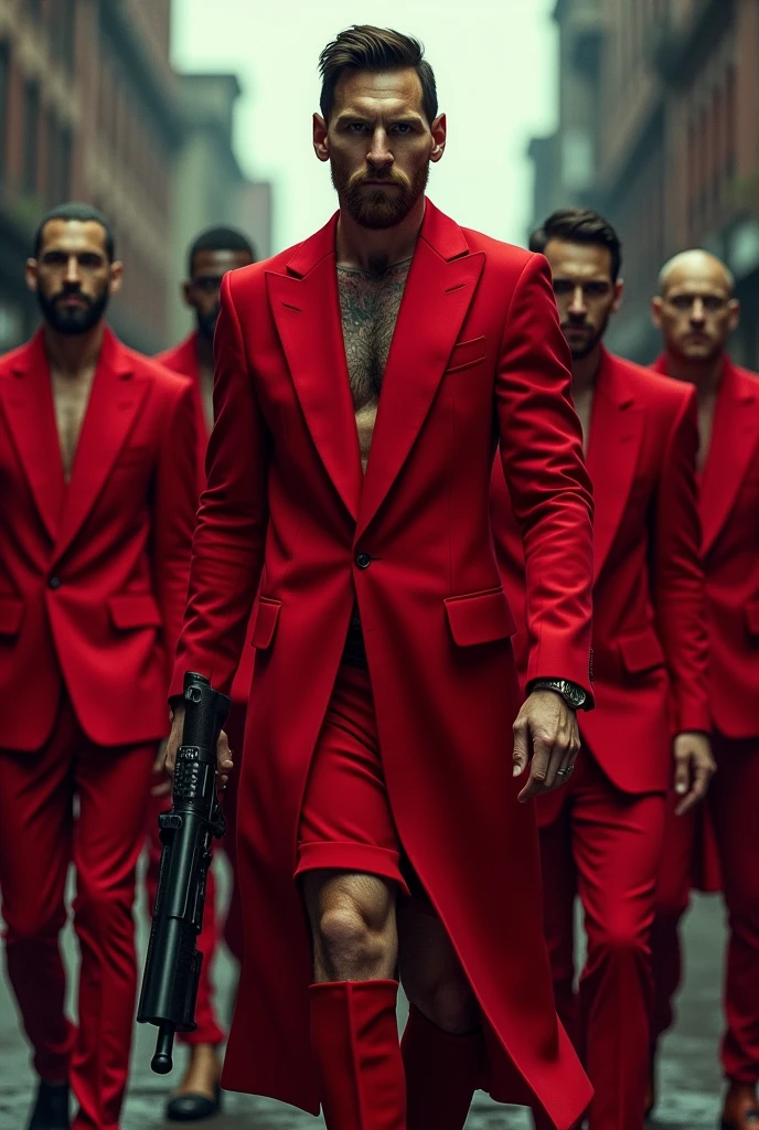 Messi is a gangster wearing red dress with a big gun with some men. The men also wearing red dress