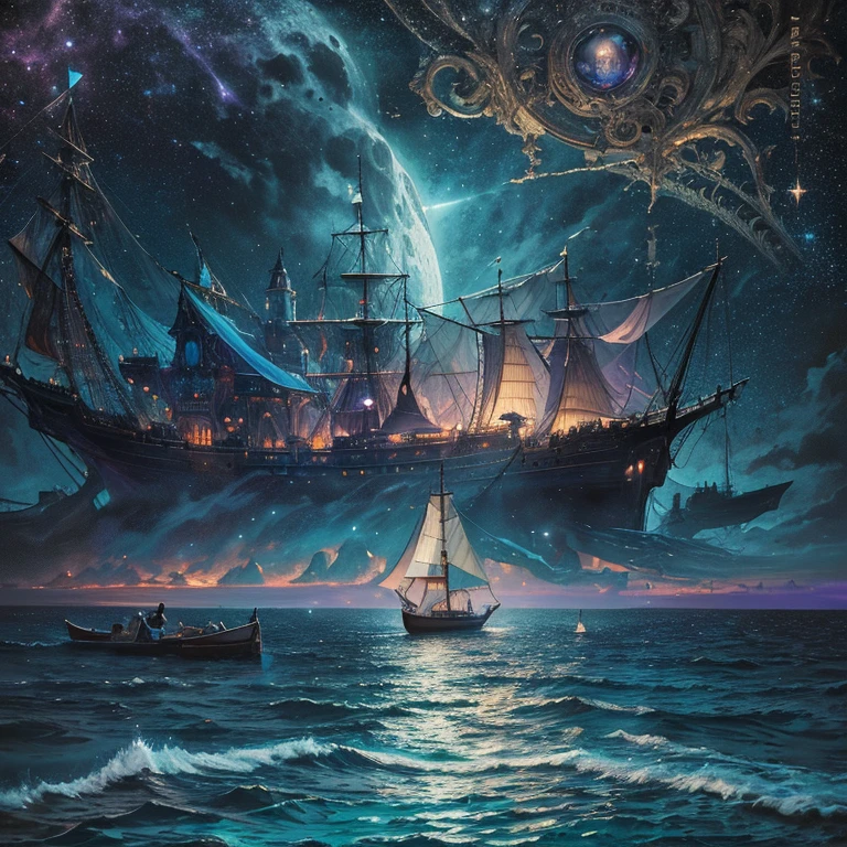 painting of a boat in the water with people on it, a surrealist painting inspired by gaston bussiere, shutterstock, gothic art, moonlit purple sky, moonlit backdrop, mystical night, victorian harbour night, dream scenery art, deep dark purple waters, baroque painting. star lit sky, detailed dreamscape, fantasy victorian art, fantasy