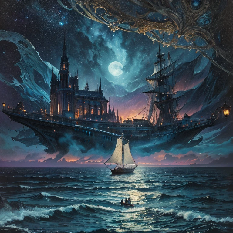painting of a boat in the water with people on it, a surrealist painting inspired by gaston bussiere, shutterstock, gothic art, moonlit purple sky, moonlit backdrop, mystical night, victorian harbour night, dream scenery art, deep dark purple waters, baroque painting. star lit sky, detailed dreamscape, fantasy victorian art, fantasy