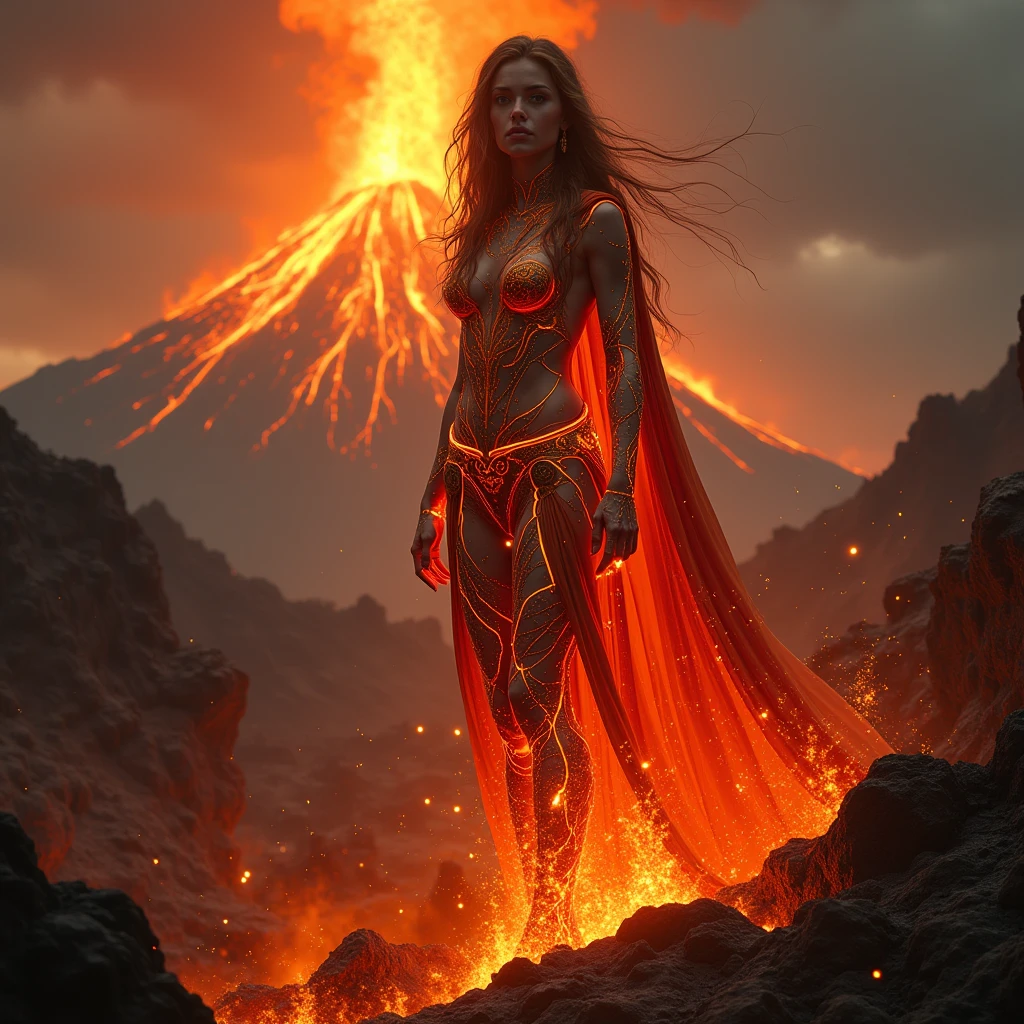 Professional photography wide angle lens,Volcano Goddess,Elemental Lava Woman,Molten Clothing,Tectonic fault,Intricate details
