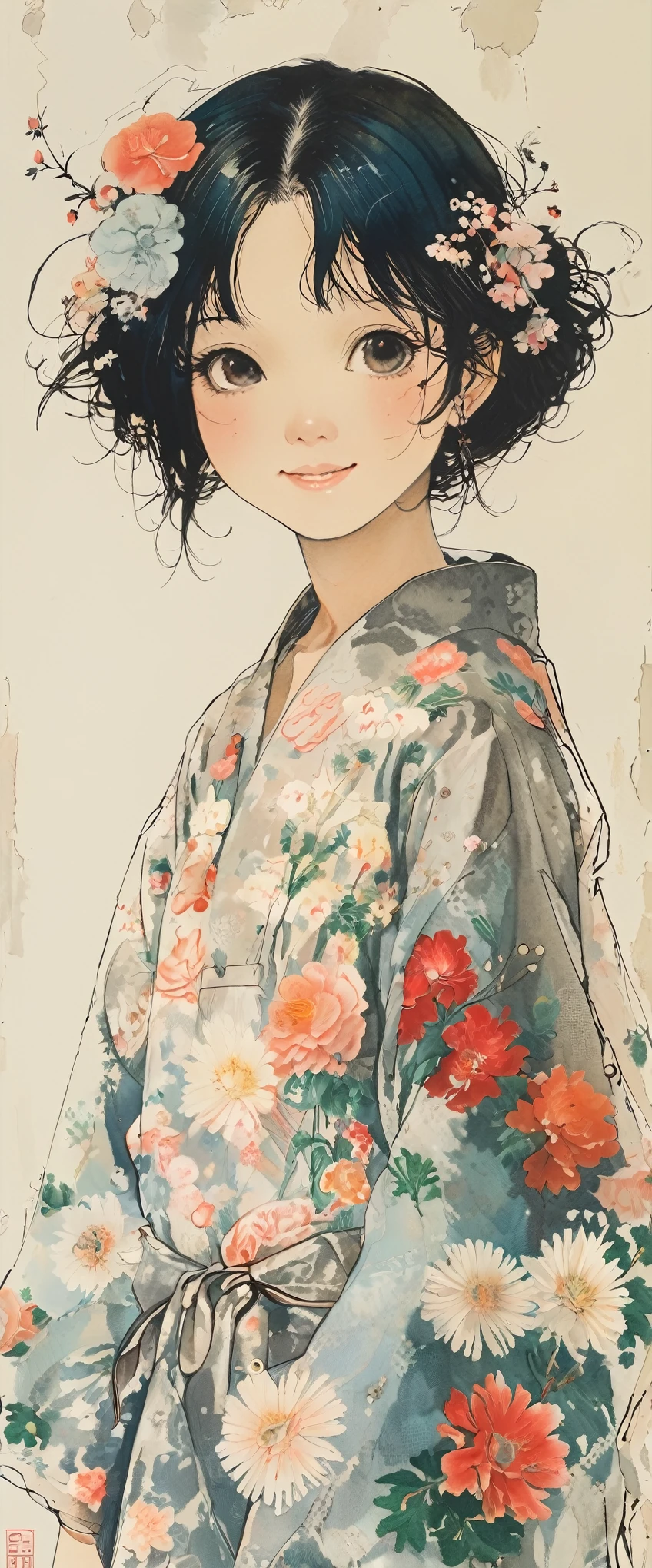style of Kawanabe Kyosai, Asian、high school girl、Bobcut、Lace dress、Floral Background、smile、Upper Body