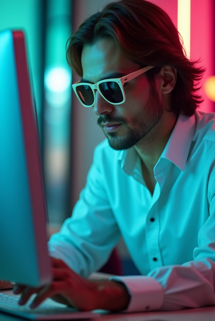 (Man in a shirt), ), (Unshaven,30th Generation) Light colored sunglasses, Bright, Medium Hair, elegant, elegant,, computer, Movie Style