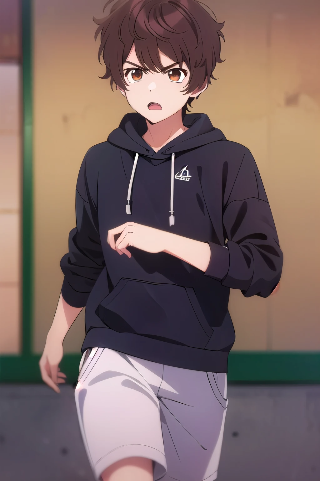 photorealistic, (4k), depth of field, (Masterpiece), (realistic skin texture), extremely detailed, intricate, hyper detailed, high resolution, professional photography, , depth of field, sharp detail, best quality, , 1boy, solo, male focus, shun_tokinoya, brown hair, brown eyes, , bangs, , , Fiesta, HD, sudadera roja, cuerpo completo, pantalon negro, tenis converse, Amenazante, Angry, intimidante, valiente.