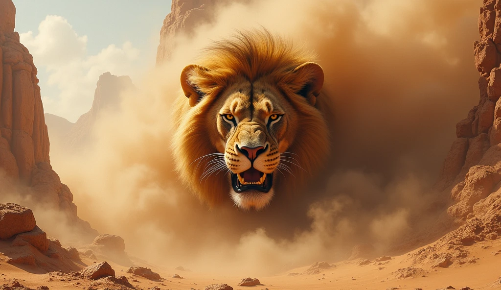 The lion&#39;s head is in the clouds of sand, from the front, the dramatic expression of a lion&#39;s head, sandstorm forming the outline of a lion, desert landscape with sand dunes and rocks, dramatic light and clouds in the sky, realistic style, wind and movement effects, realistic style 