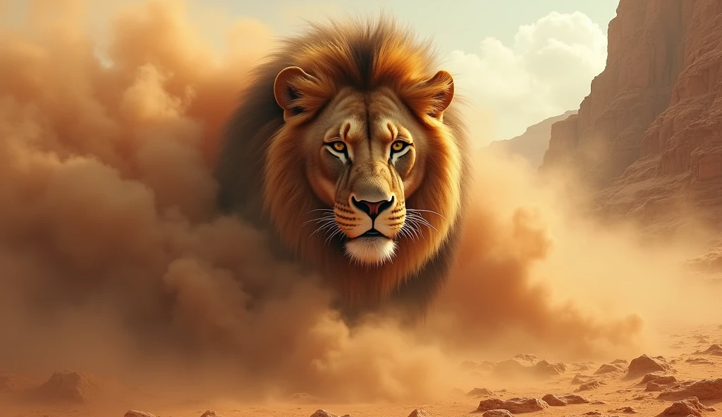 The lion&#39;s head is in the clouds of sand, from the front, the dramatic expression of a lion&#39;s head, sandstorm forming the outline of a lion, desert landscape with sand dunes and rocks, dramatic light and clouds in the sky, realistic style, wind and movement effects, realistic style 