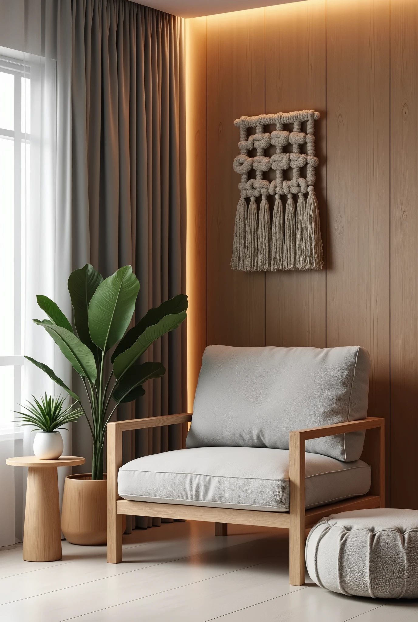 Create an image of a reading corner in a modern living room with wooden elements and cozy design. The space features a comfortable light gray armchair with wooden details on the arms and legs.. In front of the armchair, there is a matching designer pouf, also with wooden details. The background of the image shows a wooden wall with indirect lighting built into the ceiling., criando uma atmosfera quente e acolhedora. Next to the armchair, there is a small wooden side table with a cylindrical shape, on which there is a decorative plant. On the wall next to the armchair, there is an art installation made up of large hanging rope links. The floor is light porcelain, complementing the neutral palette of the room