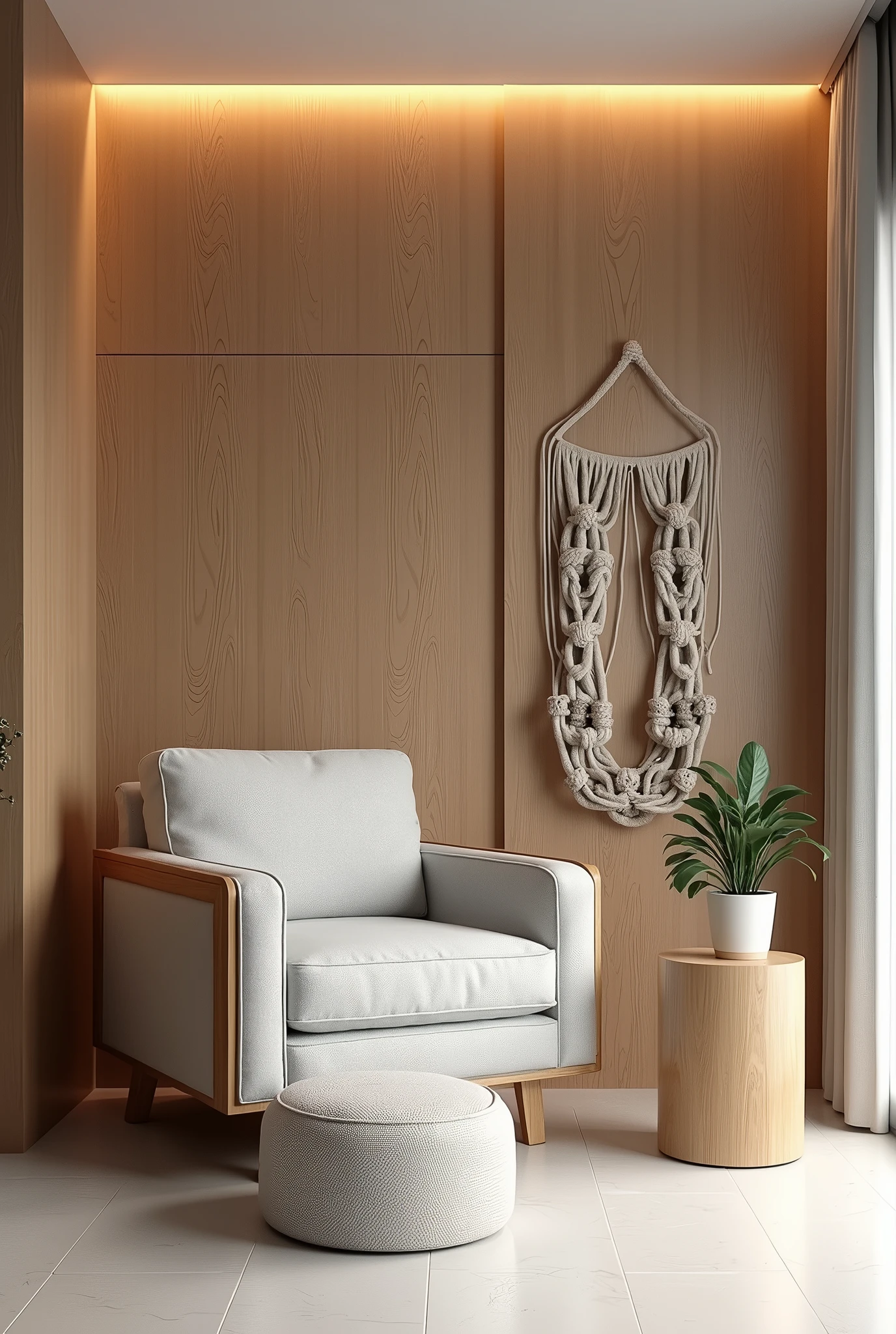 Create an image of a reading corner in a modern living room with wooden elements and cozy design. The space features a comfortable light gray armchair with wooden details on the arms and legs.. In front of the armchair, there is a matching designer pouf, also with wooden details. The background of the image shows a wooden wall with indirect lighting built into the ceiling., criando uma atmosfera quente e acolhedora. Next to the armchair, there is a small wooden side table with a cylindrical shape, on which there is a decorative plant. On the wall next to the armchair, there is an art installation made up of large hanging rope links. The floor is light porcelain, complementing the neutral palette of the room