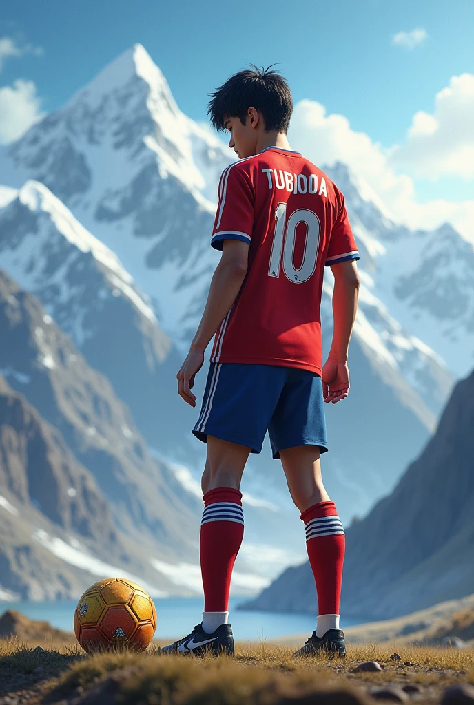 Tsubasa is in the turkey mounth and he is pick a ball from down and he is . He was dressed a 10 number football kit he turned back an more big he is name Tsubasa