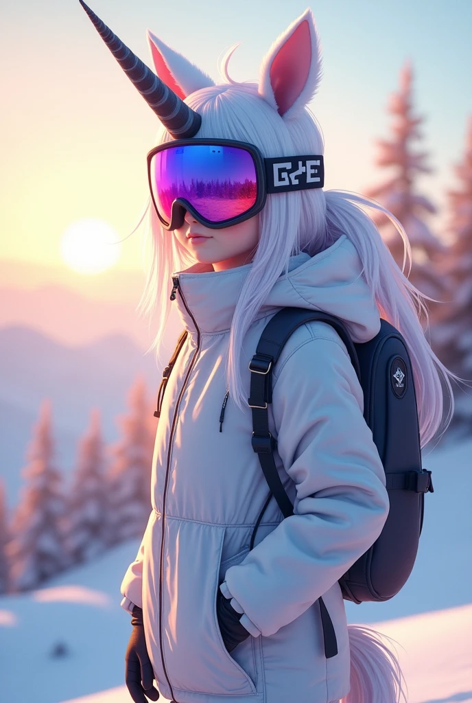 masterpiece, Best image quality, Extremely vivid,  an anime Centaur, 娇small身材, White functional coat, small, Blue-purple gradient ski goggles, Cyberpunk, White hair, Natural casual style, Sunset afterglow, Snow Mountain，Dynamic posture, Golden Section, Cool colors, Strong visual impact, White space, Light and shadow contrast, Super texture, 