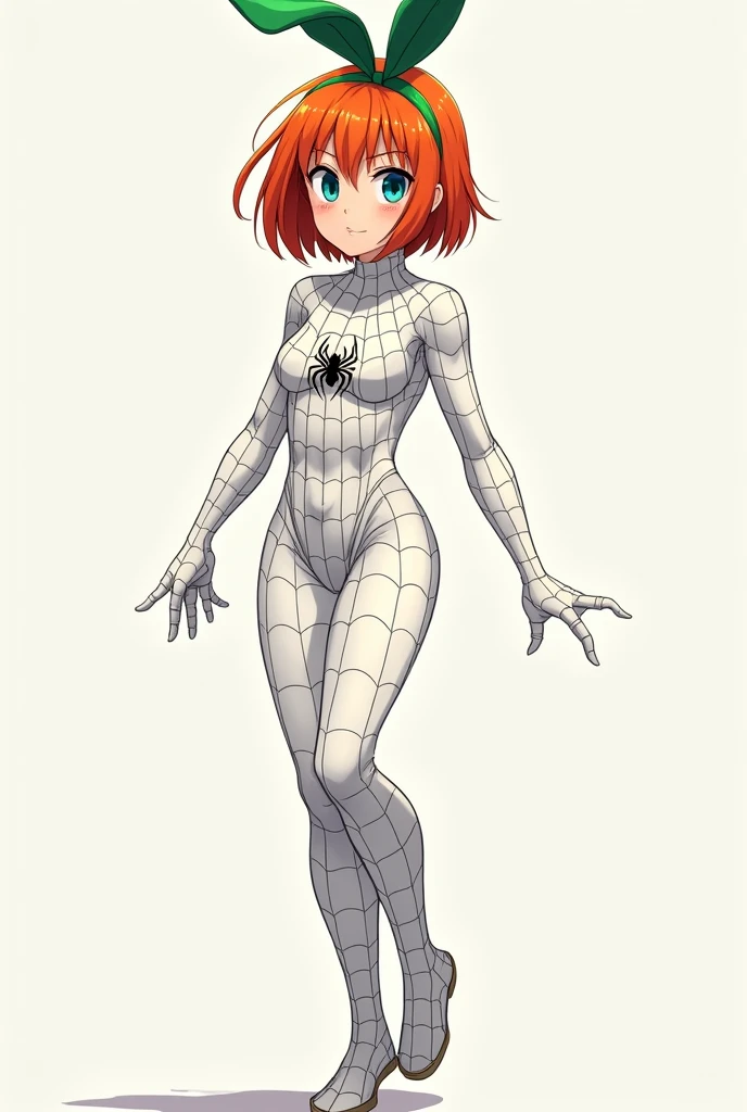 Yotsuba nakano short orange hair, green ribbon on the head in the shape of a rabbit,blue eyes, at 2, full body, more adult and with a white spiderman costume
