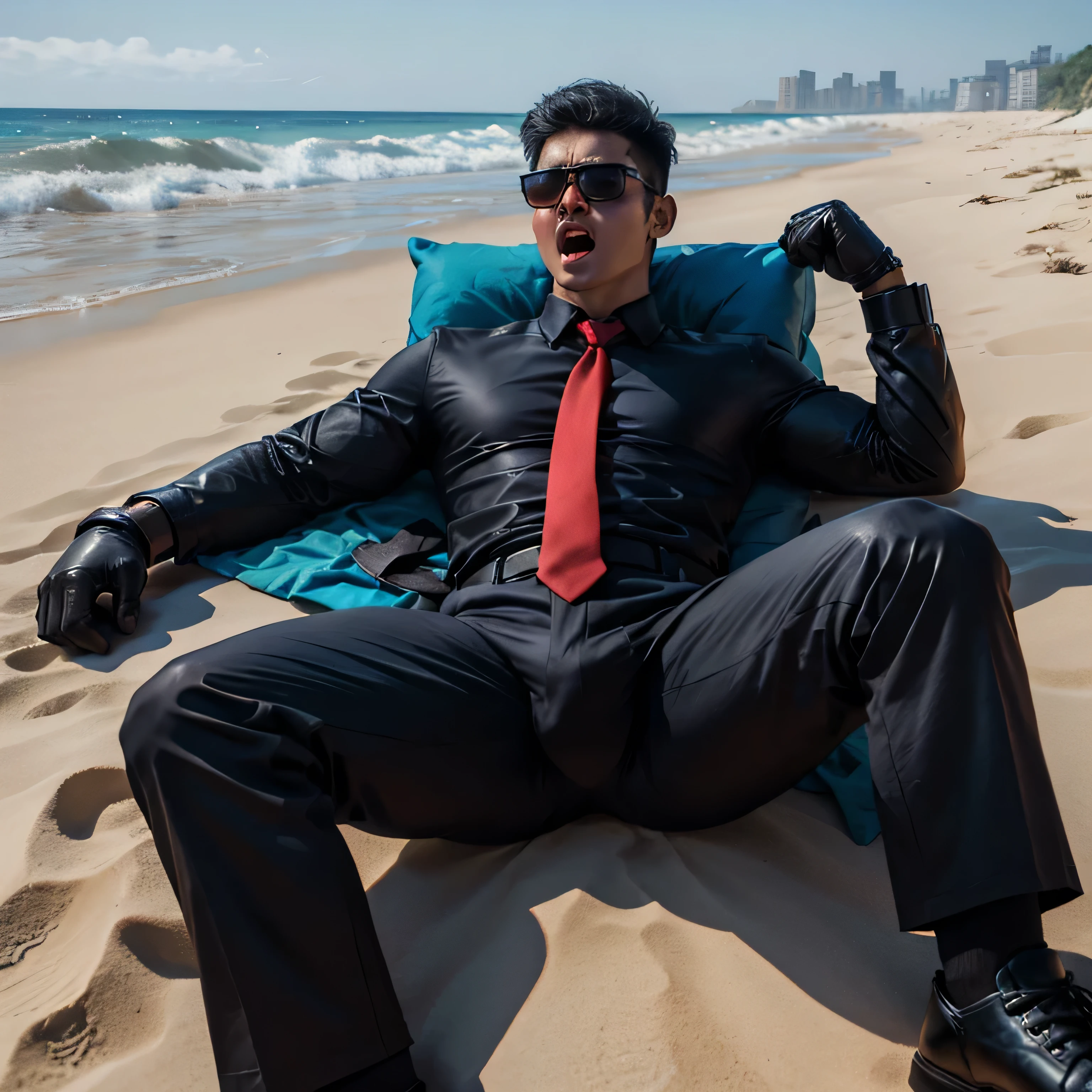 30 years old,One Man,、Handsome。Black Shirt、Red tie、Black gloves、Dhaka - Fighters、Ocean、Sleeping on the sand　,,logic, ,Very short hair、　,Asian Face,、　Handsome　Black sunglasses　Open your mouth wide and scream　Seen from below