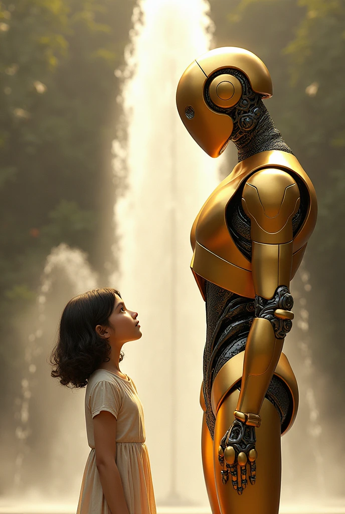 a girl and a golden robot in front of a tall fountain so that the girl and the robot are the same size