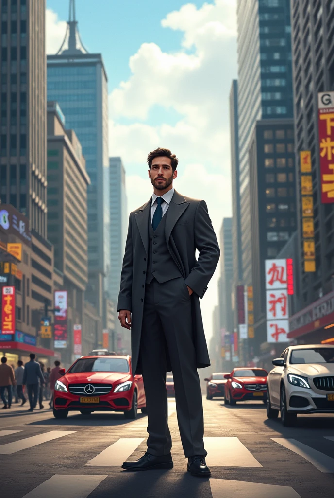 The Bustling City Life
Amjad surrounded by the fast-paced life of the city, where tall skyscrapers, fancy cars, and well-dressed people flood the streets. Amjad stands on a busy street corner, looking confident and successful, but there’s a hint of loneliness in his eyes, as if he misses the simpler life of the village.