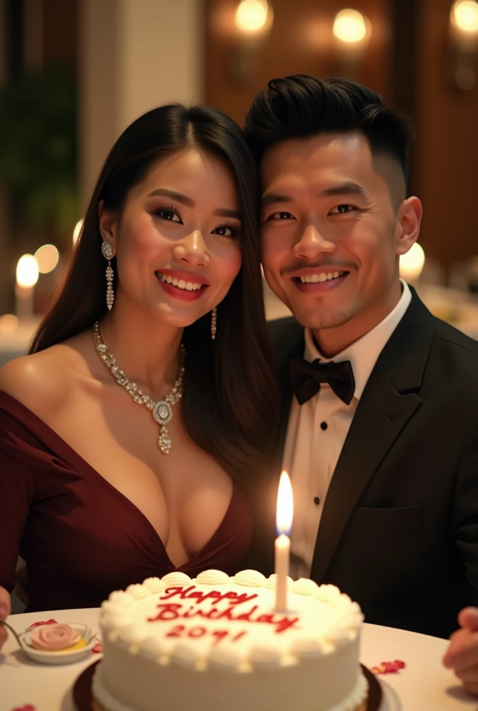 a dinner celebration attended by an Indonesian lady and a gentleman. Both wearing upscale business attires. The gentleman's hair style is very short. The lady wearing a beautiful Diamond necklace with cleavage is seen nicely and having big , both facing the camera. all smile. There is a birthday cake with candle. In the cake there is writing of "Happy Birthday".The gentleman is giving a birthday gift to the lady. photo realistic, UHD.