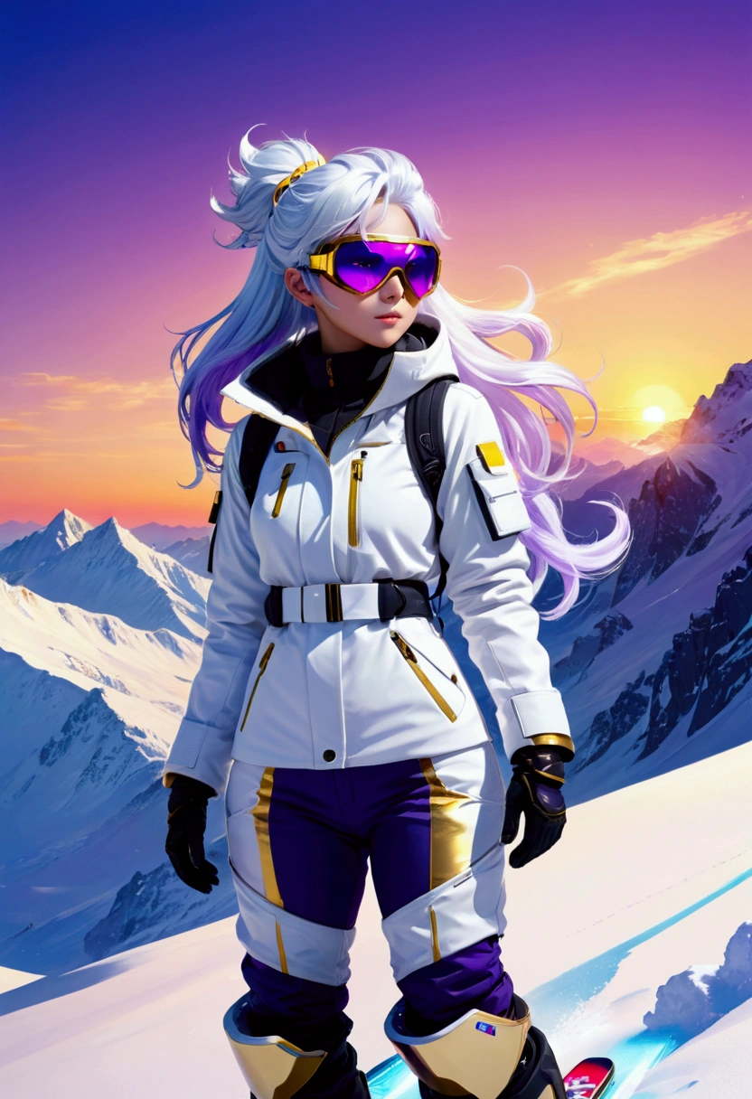 masterpiece, Best image quality, Extremely vivid, an anime Centaur, 娇small身材, White functional coat, small, Blue-purple gradient ski goggles, Cyberpunk, White hair, Natural casual style, Sunset afterglow, Snow Mountain,Dynamic posture, Golden Section, Cool colors, Strong visual impact, White space, Light and shadow contrast, Super texture,