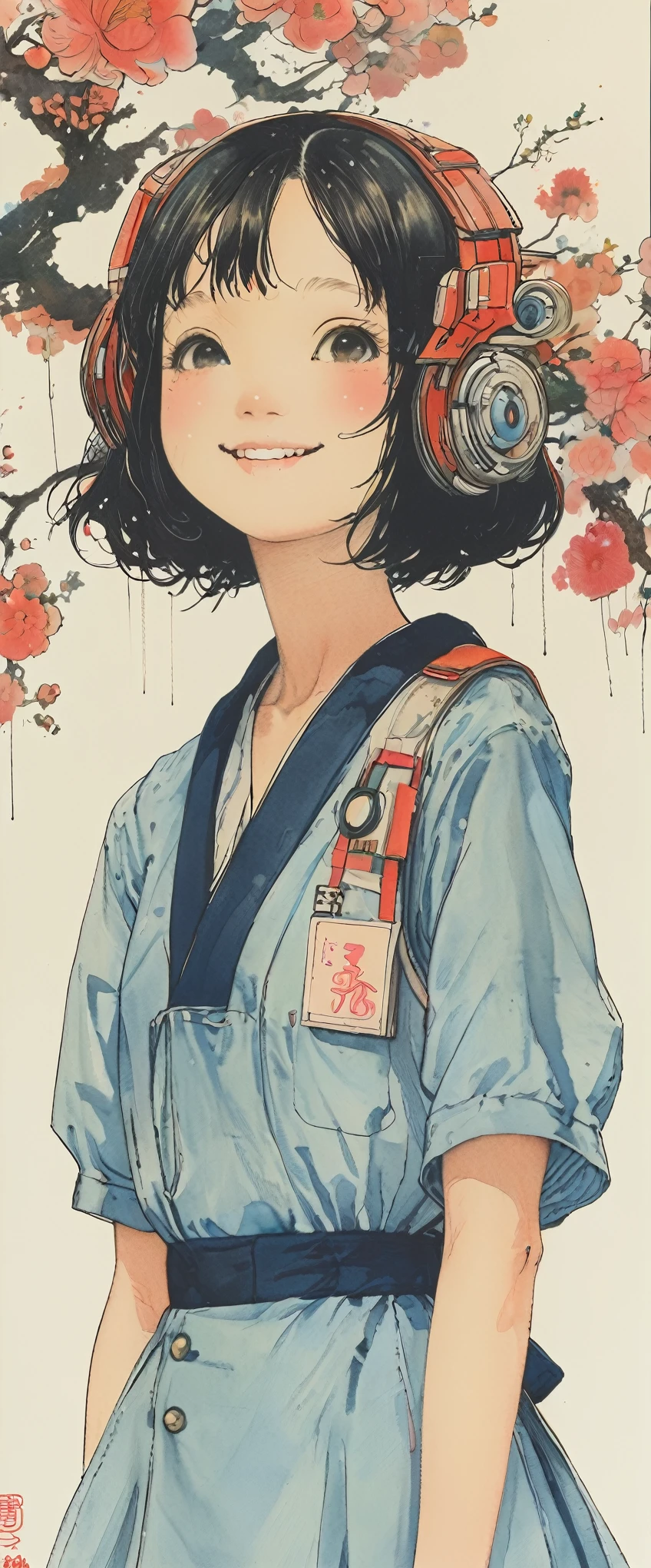 style of Kawanabe Kyosai, Asian、high school girl、Bobcut、Nurse uniform、Floral Background、smile、Upper Body、Blushing cheeks、Face close-up