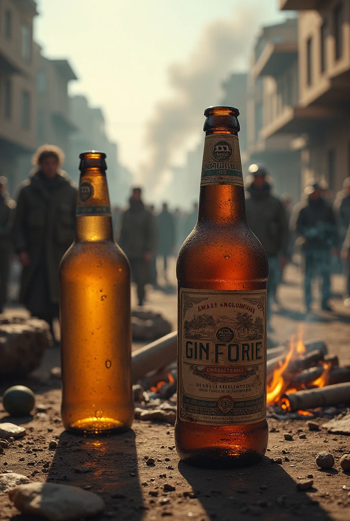 BOTTLES OF BEER AND GIN TOGETHER WITH BARBECUE IN A WAR SETTING