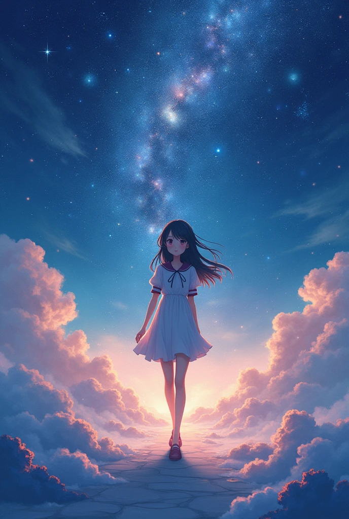 An anime girl with a starry landscape where the girl is walking without people around but a little closer the girl looking straight ahead very stellar