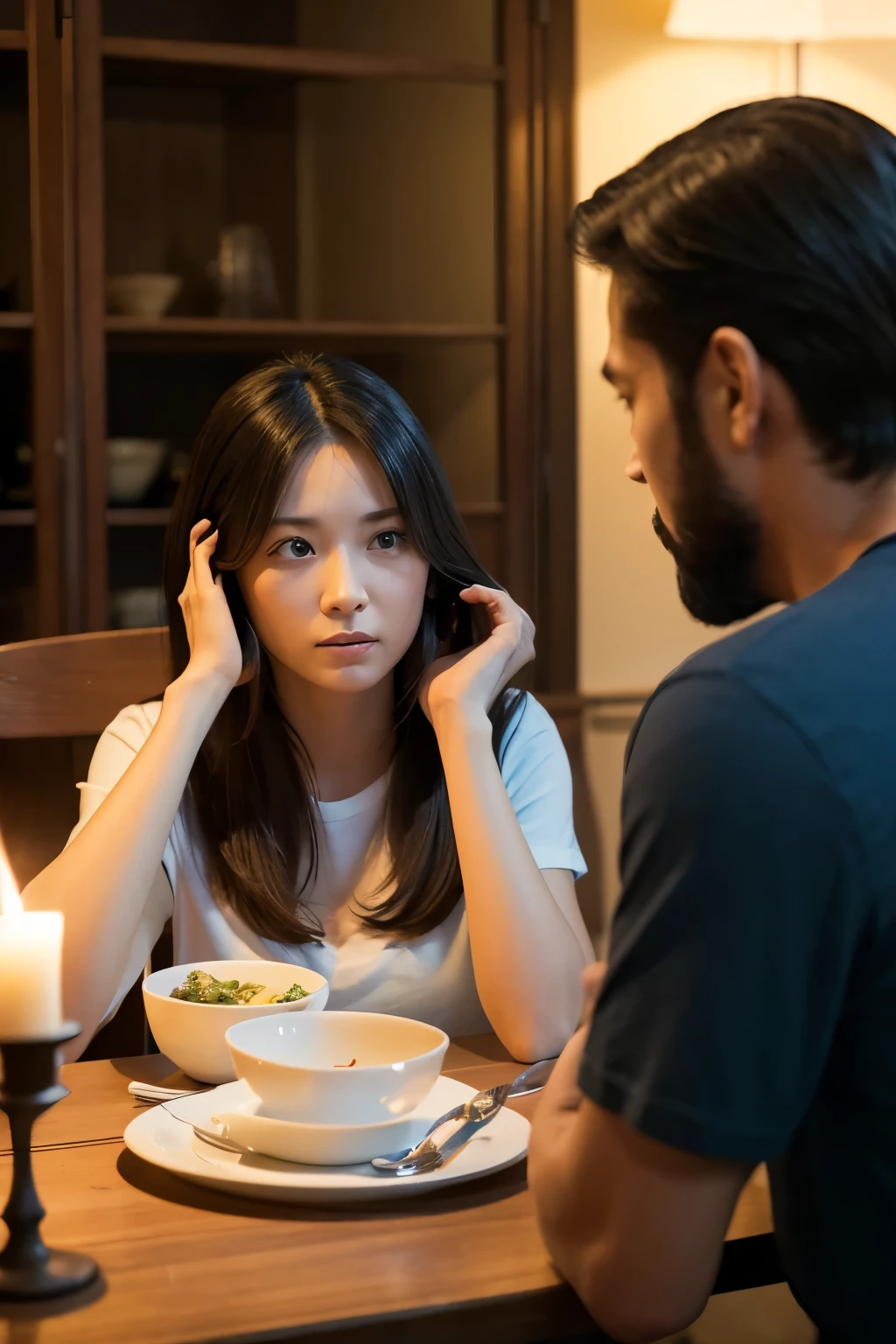 A detailed scene in a spacious living room, with the main focus on a Japanese woman with translucent, fair skin, long hair, and large, beautiful eyes. She is wearing a white short-sleeved dress and sitting in a chair at a large table. Across from her, but less prominent, is a Japanese man with a slightly elongated face and short hair, dressed in a T-shirt and jeans. The table is still cluttered with dinner plates and utensils from their meal. The woman, who is the central figure, is speaking to the man in an imploring manner, her expression slightly angry. The man listens with a troubled look on his face. The atmosphere is tense, capturing a serious conversation after dinner. The room is softly lit, enhancing the evening mood. The image should be generated with a resolution of 1920x1080 pixels, with the woman as the main focus.