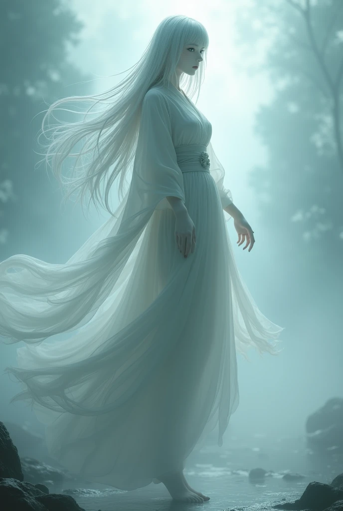 Create a photorealistic image of a beautiful yokai named Kirihime (Kirihime). Depict her as a tall, slender woman with pale, almost translucent skin and long, silver hair flowing in the wind. Her eyes should be a soft, misty blue, and she should appear as if emerging from a fog. Her attire should be a semi-transparent, ethereal kimono, giving the impression that she is floating in a misty environment. The image should be in a 9:16 aspect ratio, with a resolution of 1080x1920.