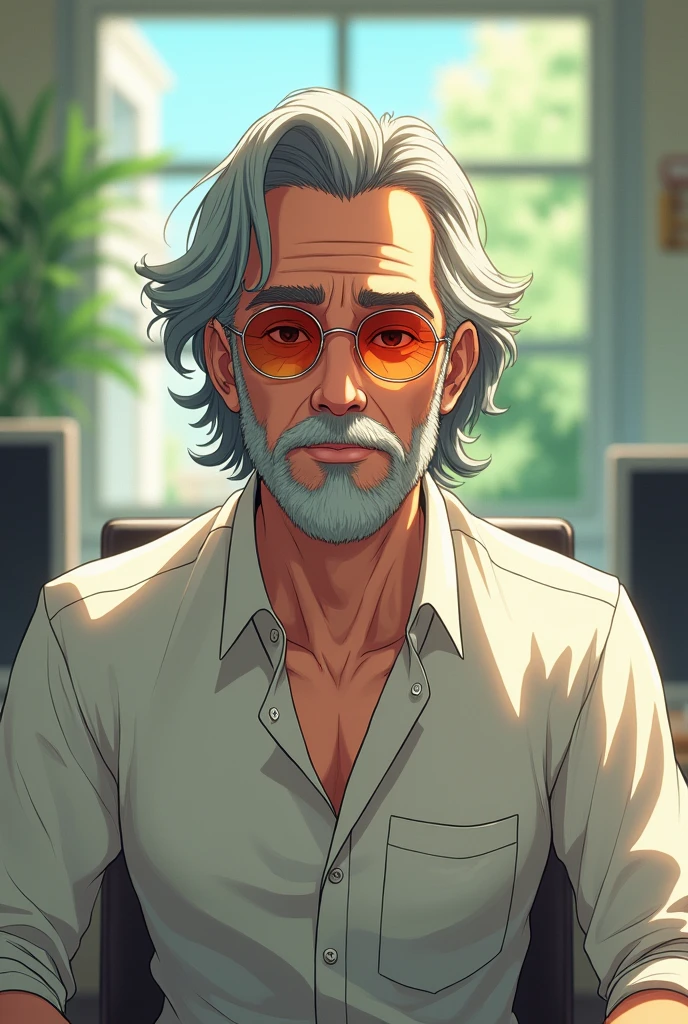 (Man in a shirt), ), (Unshaven,30th Generation) Light colored sunglasses, Bright, Medium Hair, elegant, computer, Ghibli Style, Facing forward