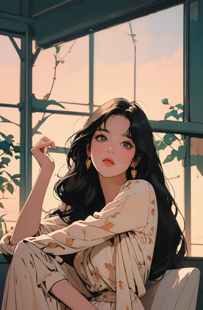 Larissa Manovan, 1 woman, beautiful and delicate eyes, beautiful and delicate lips, very detailed 얼굴과 특징, long eyelashes, black hair, cute, elegant, confidence, alone, Outdoor field, golden hour lighting, cinematic, very detailed, realistic, 8k, masterpiece, vivid colors, atmosphere, natural light