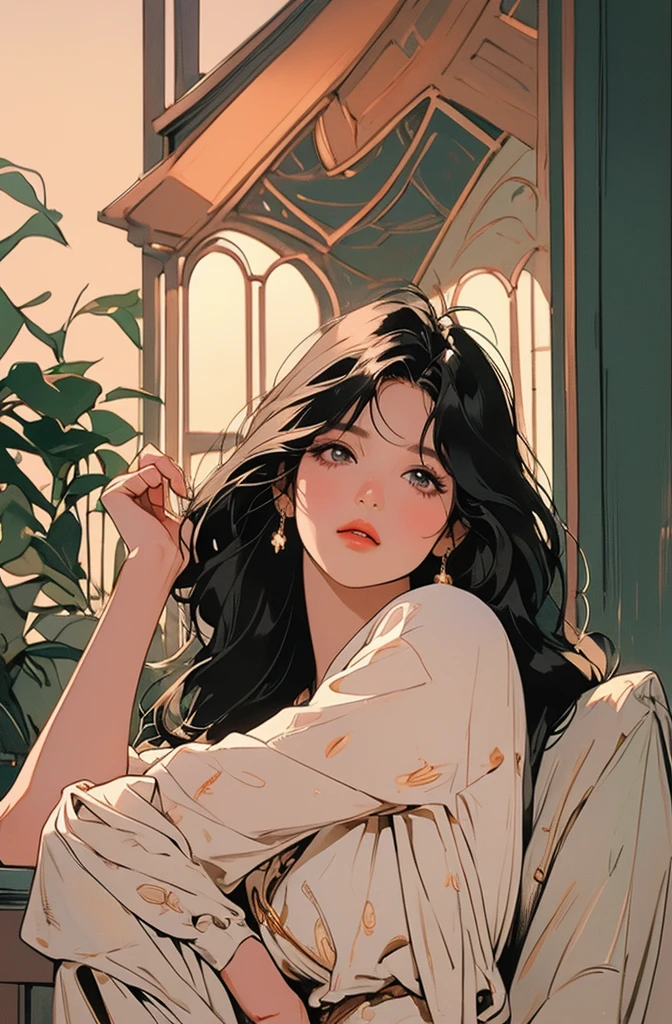 Larissa Manovan, 1 woman, beautiful and delicate eyes, beautiful and delicate lips, very detailed 얼굴과 특징, long eyelashes, black hair, cute, elegant, confidence, alone, Outdoor field, golden hour lighting, cinematic, very detailed, realistic, 8k, masterpiece, vivid colors, atmosphere, natural light