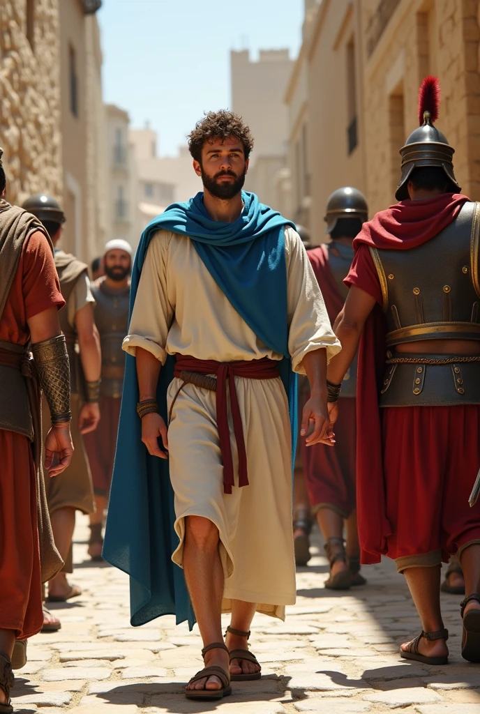 A light-skinned man, blue eyes, beard and dark brown hair, dressed in a bone-white tunic, brown short skirt, sandals tied up to the shins, and sky blue cloak walks down a cobblestone street, On the sides some Jews with their typical beards and tunics and a Roman soldier dressed in his Corinthian style helmet, red tunic, chainmail, brown pants and sandals, He wears a red cape and a short sword at his side., There are white-ochre stone houses around