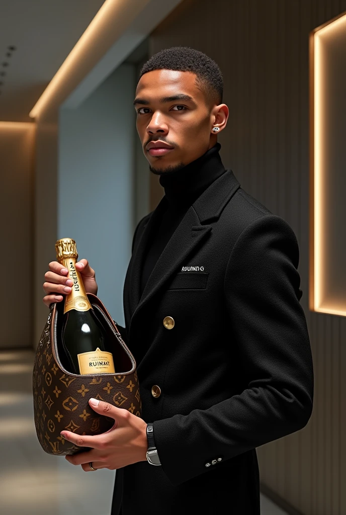 Create an image of kylian mbappe holding ruiart champagne bottle placed in a Louis Vuitton bag