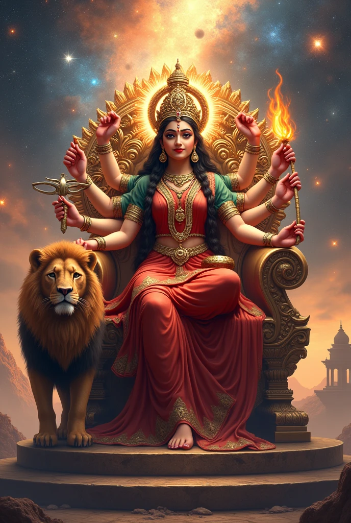 Maa durga sitting on shinghasan wit smile on his face with lion sitting next to shinghasan, maa has 8 hands holding chakra,dhanush,kamandal, fire, trishul, ban with beautiful background universe 