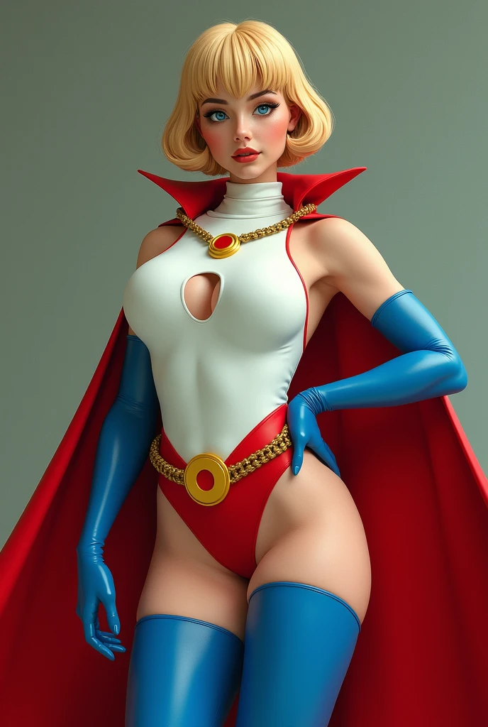 A SEXY BUSTY  FEMALE WITH SHORT BLONDE HAIR, BLUE EYES WEARING A WHITE TURTLE NECK CORDROY LEOTARD WITH A ROUND CUT OUT HOLE ON THE CHEST, LONG BLUE GLOVES, TALL BLUE BOOTS, A RED WAIST BELT WITH A YELLOW CIRLCE BUCKLE, AND A LONG RED CAPE ATTACHED AT THE NECK WITH A GOLD ROPE. ABSURD 8K DETIALS AND TEXTURES. MASTERPIECE.
