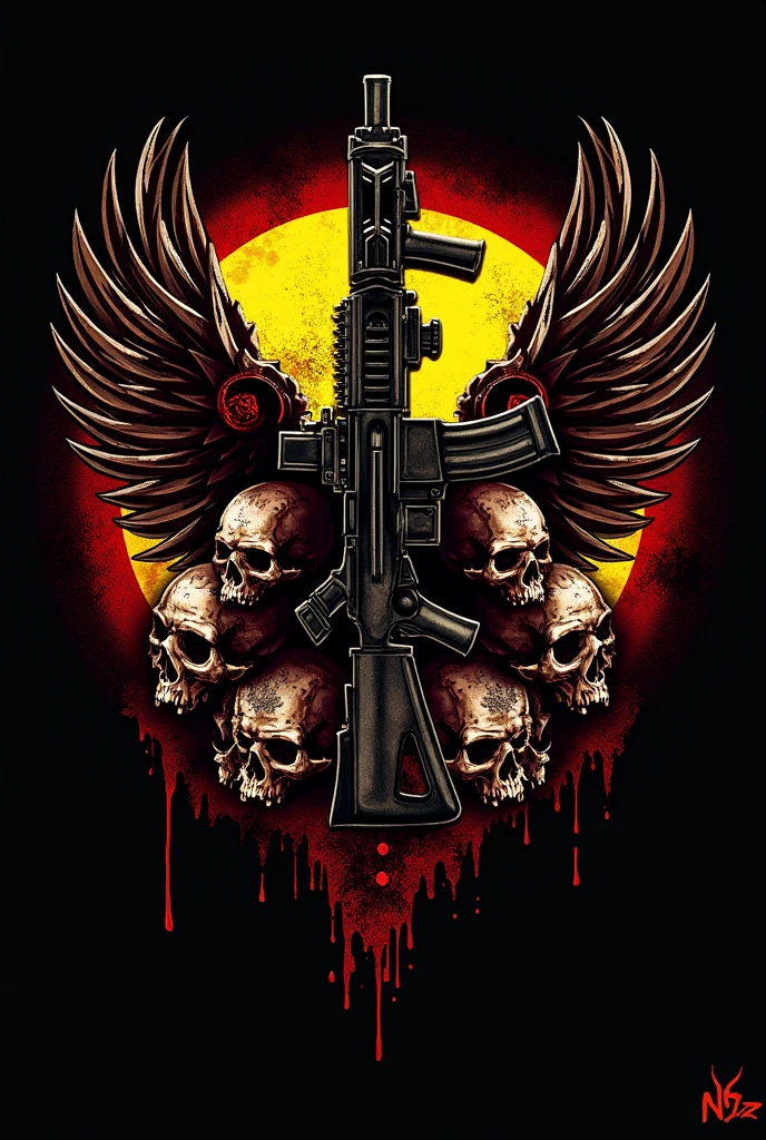 Create a pubgm logo that has the name NSZ no save zone gaming it must a weapon and skulls
in the background like the move expendables it must have the name NSZ no save zone gaming with red ,yellow , black in the background