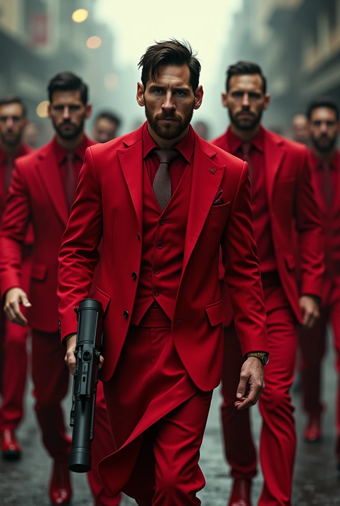Messi is a gangster wearing red dress with a big gun with some men. The men also wearing red dress 