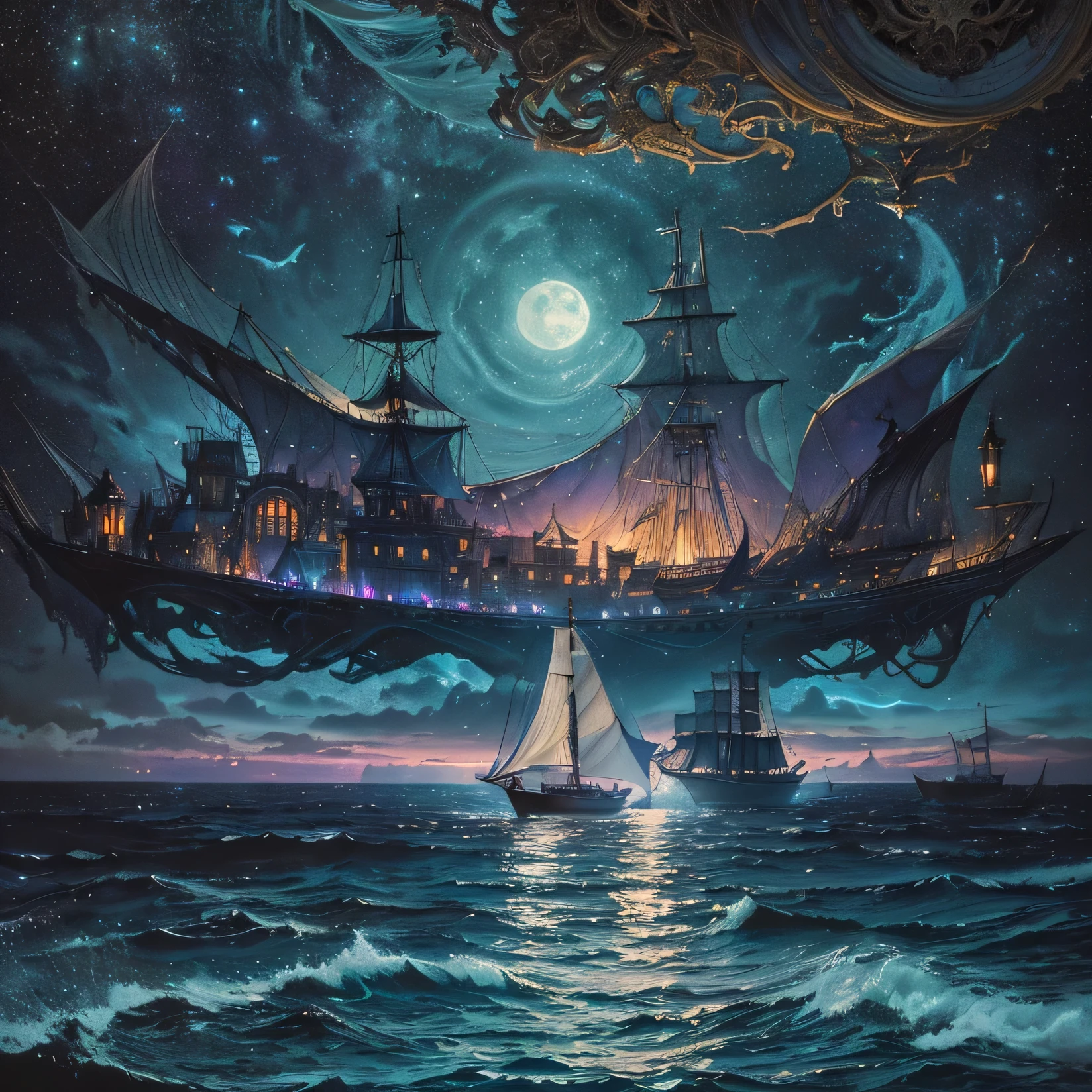 painting of a boat in the water with people on it, a surrealist painting inspired by gaston bussiere, shutterstock, gothic art, moonlit purple sky, moonlit backdrop, mystical night, victorian harbour night, dream scenery art, deep dark purple waters, baroque painting. star lit sky, detailed dreamscape, fantasy victorian art, fantasy