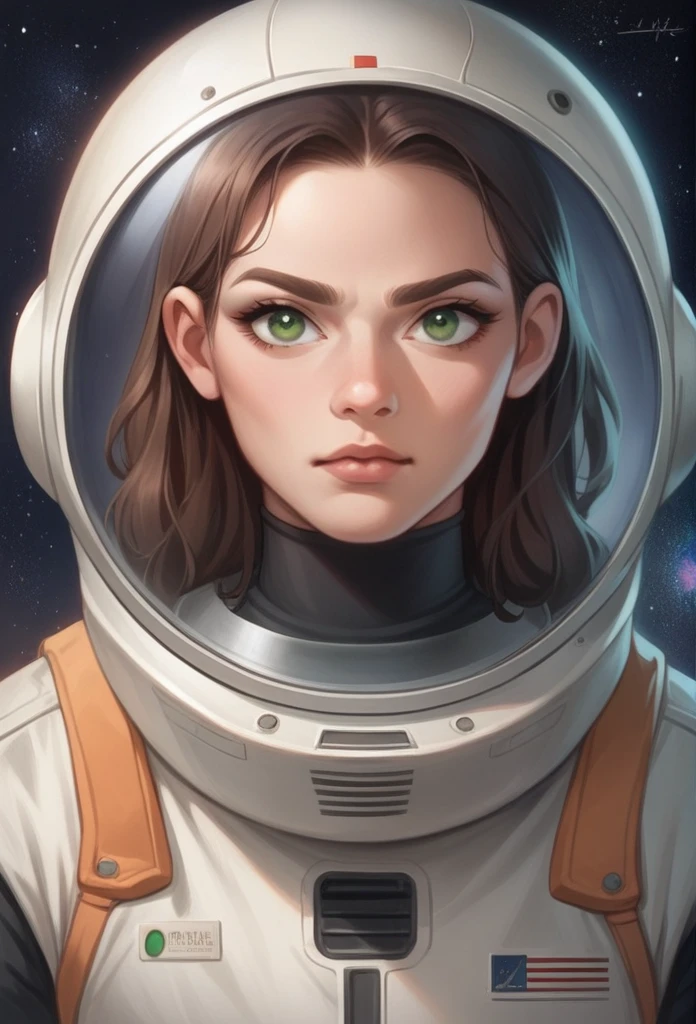 Best Quality, Contrast light, masterpiece, Front view, longitud total, dressed as an astronaut, space clothing, astronaut pants, A young woman is a person with a tone, of slim build and fair skin. Her long hair is brown. She has piercing dark green eyes and an oval face with high cheekbones.. Her lips are full and naturally pink and narrow., and her arched eyebrows frame her eyes perfectly. 