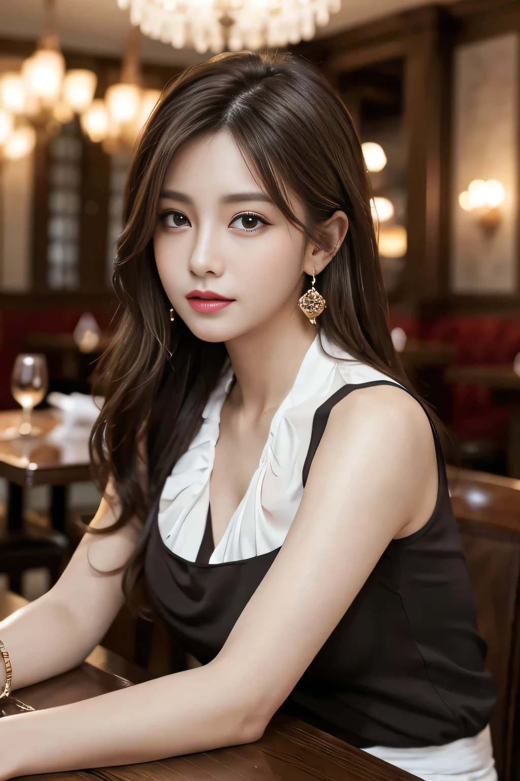 masterpiece, Highest quality, Realistic, Very detailed, Finer details, High resolution, 8k wallpaper, One beautiful woman, Wear a nice blouse, In a great restaurant, At night, Light brown messy hair, Perfect dynamic composition, Beautiful and beautiful eyes、Big earrings、Sit on a chair、Sleeveless shirt、