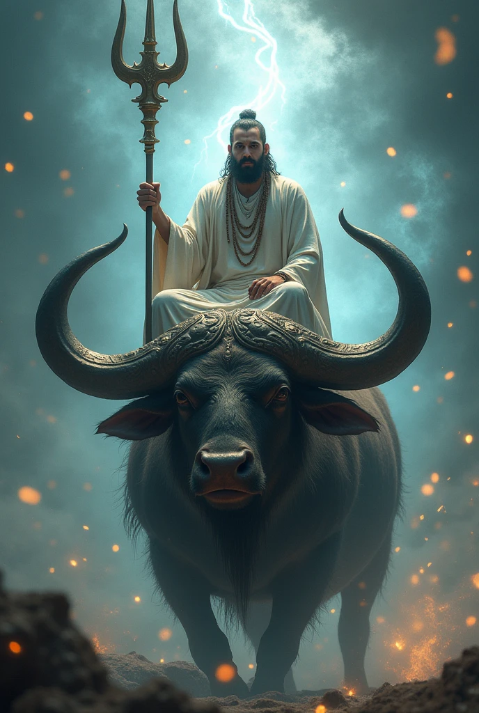 A man sitting on Bofelo with Trishul