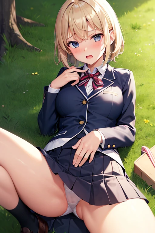 garden,On the grass,Uniformed,High School Uniform,Sit on the grass,Leg spread,Spreading legs,Flipping up a skirt,Showing panties,Lifting up her skirt,White panties,Looking forward,Normal milk,Normal boobs,Blonde,Short Hair,Blue Eyes,Very embarrassed,Hold your mouth with your hand,Embarrassed face,Shy with open mouth,blush,Very embarrassed,Look Away,naked,Front viewStanding,Not looking at me,Looking away,Turn away,Thick thighs,Angle from below,Watch her from below