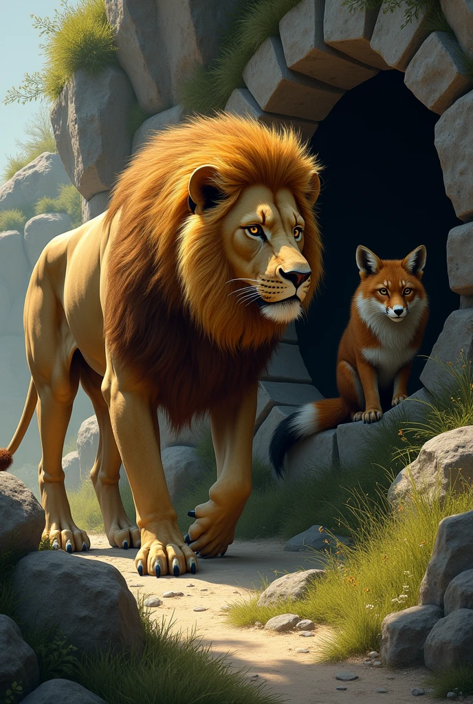 A lion wait out for hunting fox and fox see lion from its house's window and fox feeling scary 