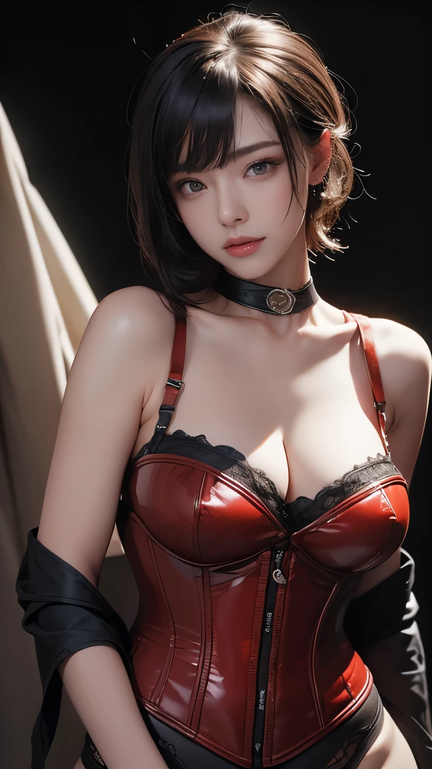 masterpiece, Highest quality, Very detailed, To the camera, 複雑に詳細なVery detailedな, Realistic, Sharp features, Very detailed, Sharp focus, Perfect Face, Perfect Face, Perfect symmetry and perfect eyes, Perfect Plump Lips, Flexible female form, Cinematic, Film Light, Very detailedな, hyper Realistic, masterpiece, Atmospheric, High resolution, Vibrant, Dynamic Studio Lighting, ((Dark Background)), The facial expression when feeling happy, handcuffs, BDSM, slave, Rubber, Red Corset, Red collar, Browsing Caution, ((Highest quality, 8k, masterpiece: 1.3)), Sharp focus: 1.2, Beautiful woman with perfect figure: 1.4, Slim Abs: 1.2, Wet body: 1.5, Very detailedな顔と肌の質感, Detailed eyes, double eyelid, Very short hair,SM lady,M