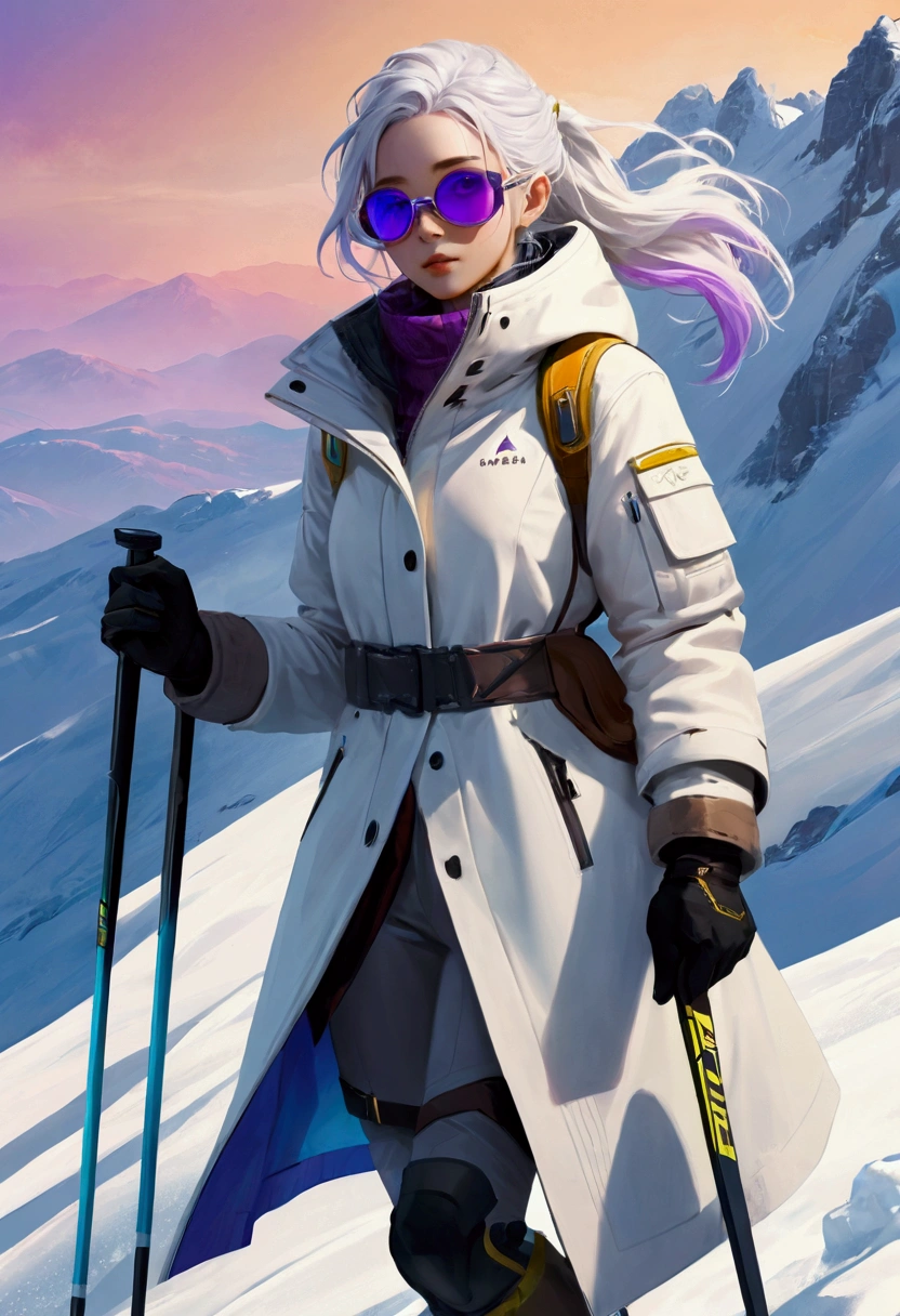 masterpiece, Best image quality, (a centaur), 娇small身材, White functional coat, small, Blue-purple gradient ski goggles, Cyberpunk, White hair, Natural casual style, Sunset afterglow, Snow Mountain,Dynamic posture, Golden Section, Cool colors, Strong visual impact, White space, Light and shadow contrast, Super texture,