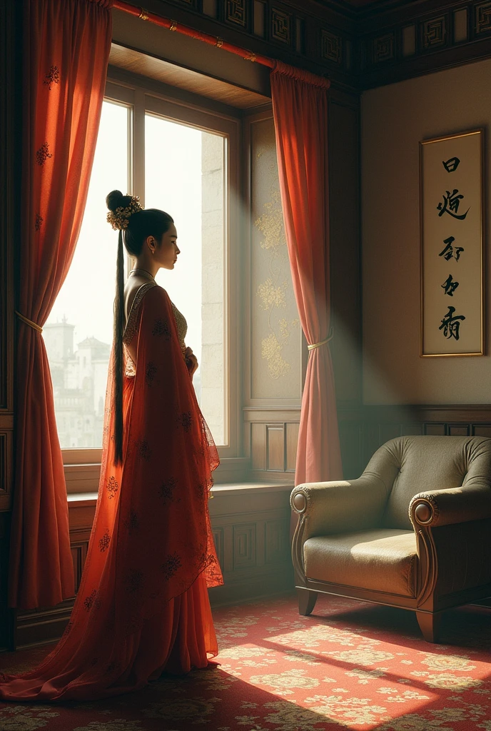 I am a screenwriter,Need to generate a graph。The heroine in The Peony Pavilion,Du Shiniang。Lady,Read a lot of poetry。Late Ming Dynasty style clothing。Standing in the boudoir,Facing out the window,Haggard face