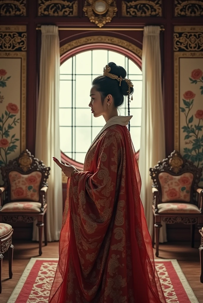 I am a screenwriter，Need to generate a graph。The heroine in The Peony Pavilion，Du Shiniang。Lady，Read a lot of poetry。Late Ming Dynasty style clothing。Standing in the boudoir，Facing out the window，Haggard face