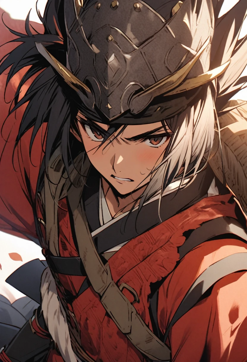 Samurai of the Sengoku period、Frontal close-up of Sanada Yukimura&#39;s face。Sharp Eyes、Shaped eyebrows、It has a strong facial expression、Hair is black、A red headband is wrapped around his forehead。His face bears scars that suggest he has experienced battle.、Extreme Ciose Up: A facial expression that conveys bravery and calmness