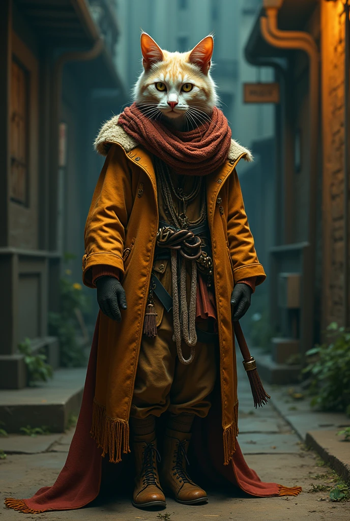 a humanoid cat wearing bohemian attire,70s ???? style art,with serious expressions and strong impact