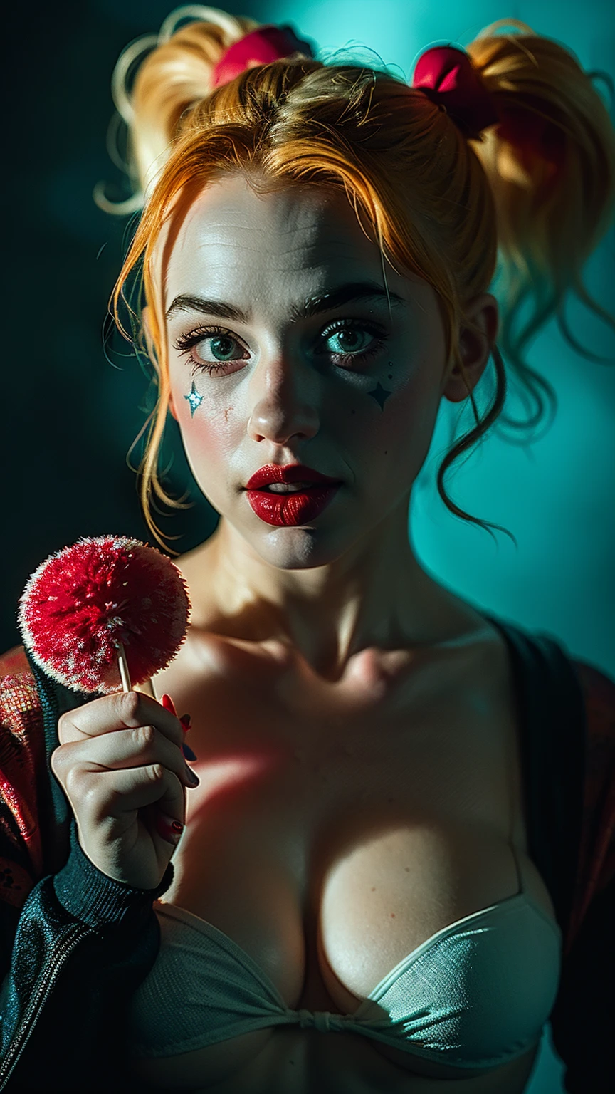 An expressive HARLEY QUINN, Holding a Lollipop in a shape of clown fish, she holding a teddy bear at the other hand., art full body shot -- strong lighting F 1.8 extremely 