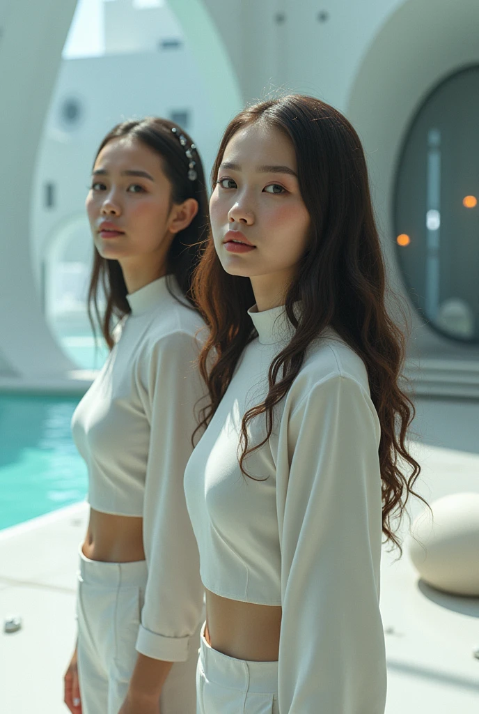 2 woman Dark brown Thick wavy hair Fair skin Lives in the year 5000